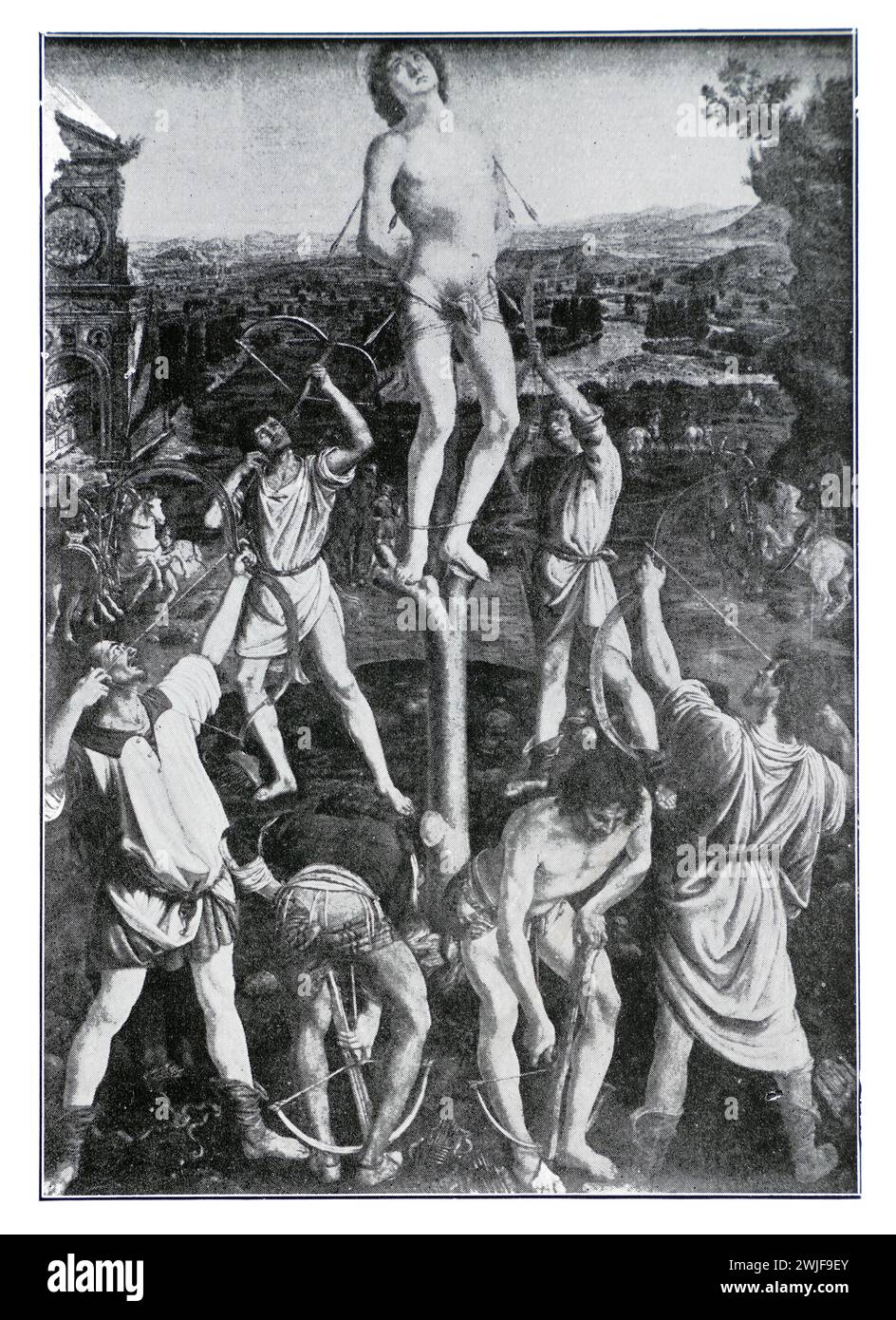 Das Martyrium von St. Sebastian, nach Antonio und Piero Pollaiuolo. Black and White Illustration from the Connoisseur, an Illustrated Magazine for Collectors Vol 3 (Mai-August 1902), veröffentlicht in London. Stockfoto