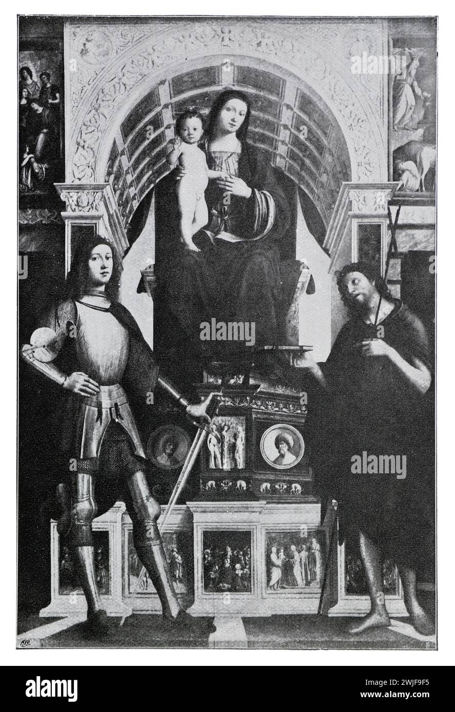 Madonna und Kind mit dem Heiligen Johannes dem Täufer und dem Heiligen Wilhelm nach Ercole Grandi (c1463–c1525). Black and White Illustration from the Connoisseur, an Illustrated Magazine for Collectors Vol 3 (Mai-August 1902), veröffentlicht in London. Stockfoto