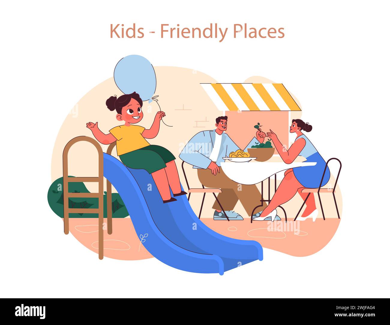 Kinderfreundliches Places Konzept. Eine lebendige Illustration, die ein fröhliches Familienessen in einem Restaurant mit Kinderspielplatz zeigt. Stock Vektor