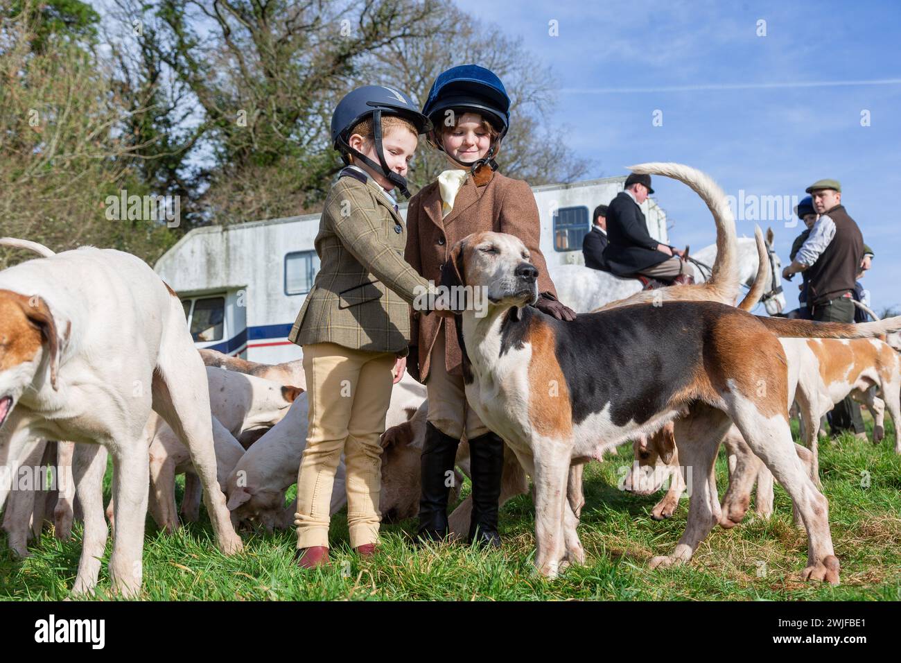 Arley, Worcestershire, Großbritannien. Februar 2024. Die vierjährige Myla Mills und ihre Freundin Rosa, die während der Halbzeit nicht in der Schule sind, begrüßen die Hunde in einem Rasentreffen der Albrighton and Woodland Hunt in Arley, Worcestershire, an einem ungewöhnlich warmen Tag. Ein Rasentreffen geht normalerweise einer Jagd voraus und findet auf privatem Gelände statt. Quelle: Peter Lopeman/Alamy Live News Stockfoto