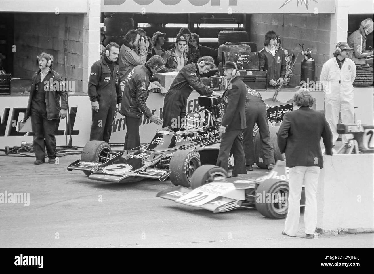 John Player Lotus 72 E, gefahren von Jacky Ickx beim Formel 1 Grand Prix 1974 im Mosport Park, startete 21., belegte 13. Platz Stockfoto