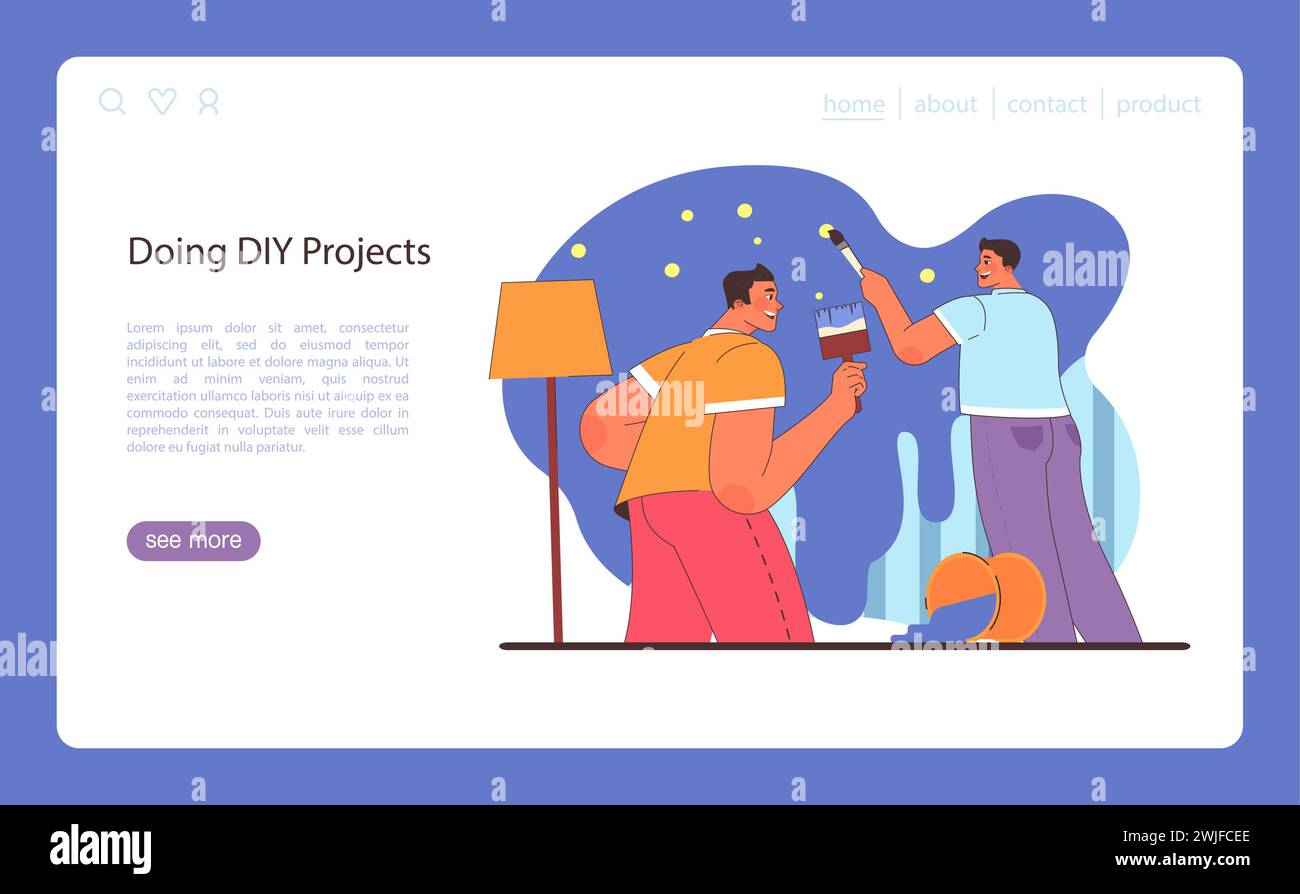 Konzept für Heimwerkerprojekte. Freunde, die sich mit Farbe und Pinsel für die Verbesserung ihres Zuhauses einsetzen. Teamarbeit bei der Herstellung und Kreativität. Freude an der gemeinsamen Renovierung. Illustration des flachen Vektors. Stock Vektor