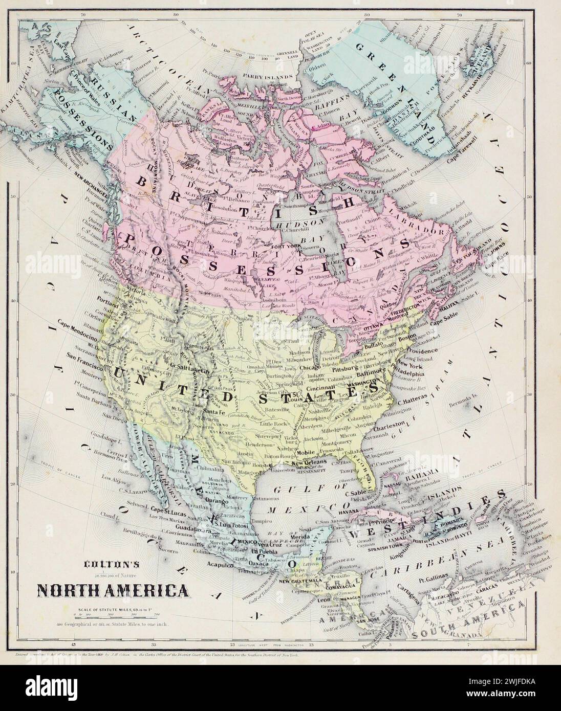 Vintage Colton Karte. Nordamerika mit farbigen Ländern, darunter „British Ownership“ und „West Indies“-Etiketten. Aus J.H Coltons Schulatlas. 1860 Stockfoto Vintage Colton Karte. Nordamerika mit farbigen Ländern, darunter „British Ownership“ und „West Indies“-Etiketten. Aus J.H Coltons Schulatlas. 1860 Stockfoto
