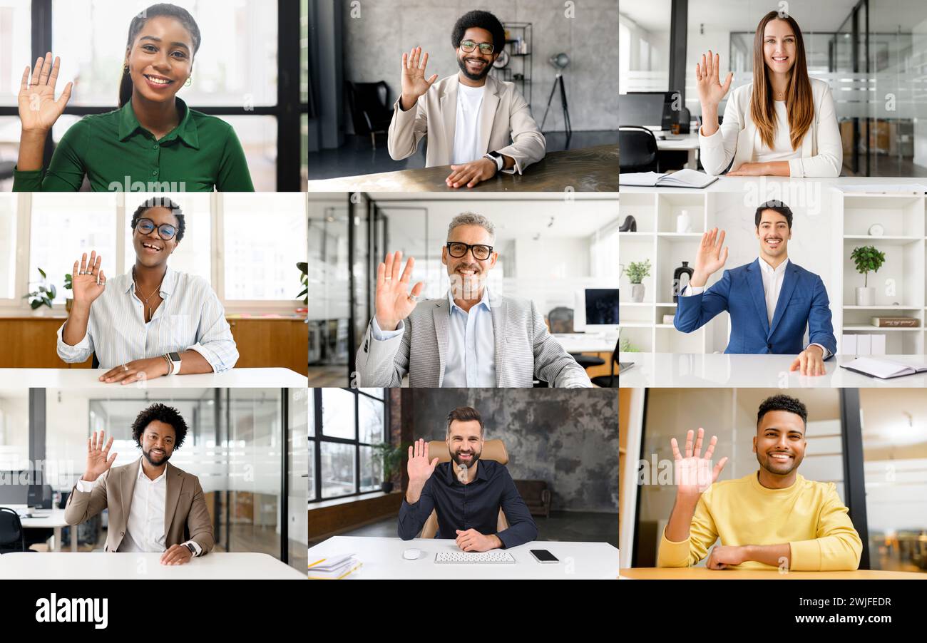 Die fröhliche Collage von Fachleuten, die sich bei der Begrüßung gegenseitig aussprechen, spiegelt ein einladendes Arbeitsumfeld wider, das auf Freundlichkeit und Offenheit ausgerichtet ist. Die Vielfalt an zugänglichen und vielfältigen Teammitgliedern Stockfoto