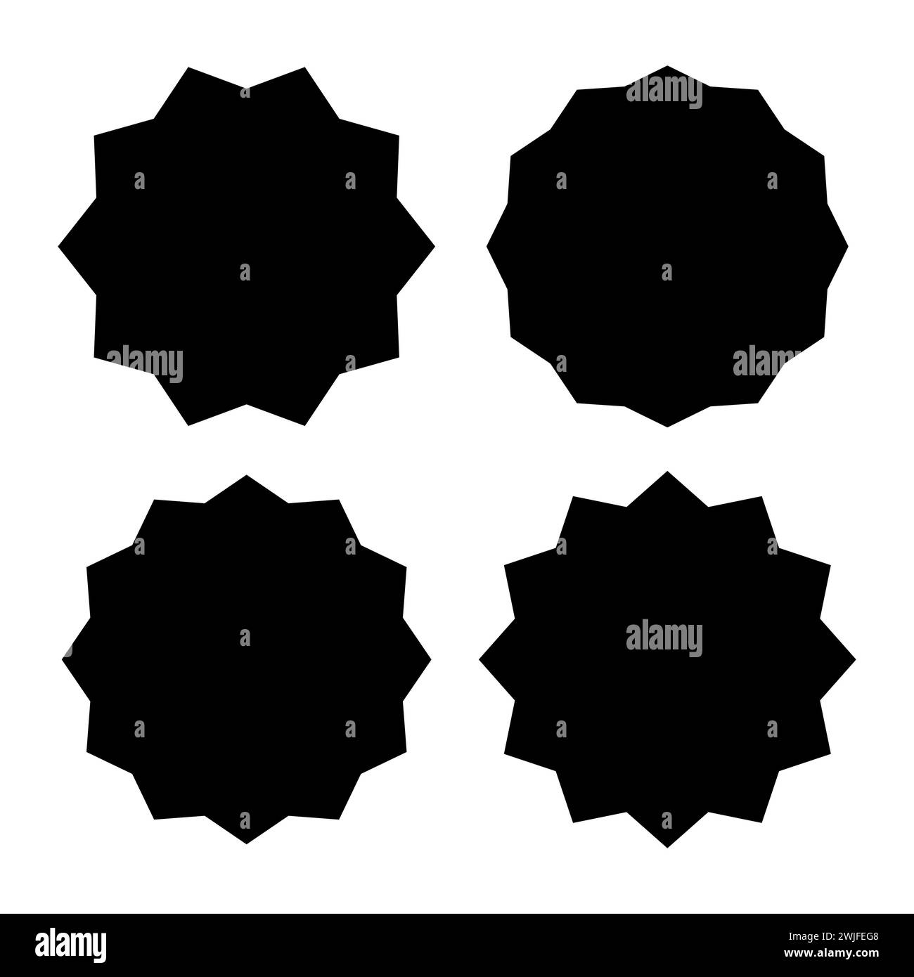 Vier schwarze, sternförmige Rahmen mit unterschiedlicher Anzahl von Strahlen für einzigartige Aufkleber mit Ihrem Text Stock Vektor
