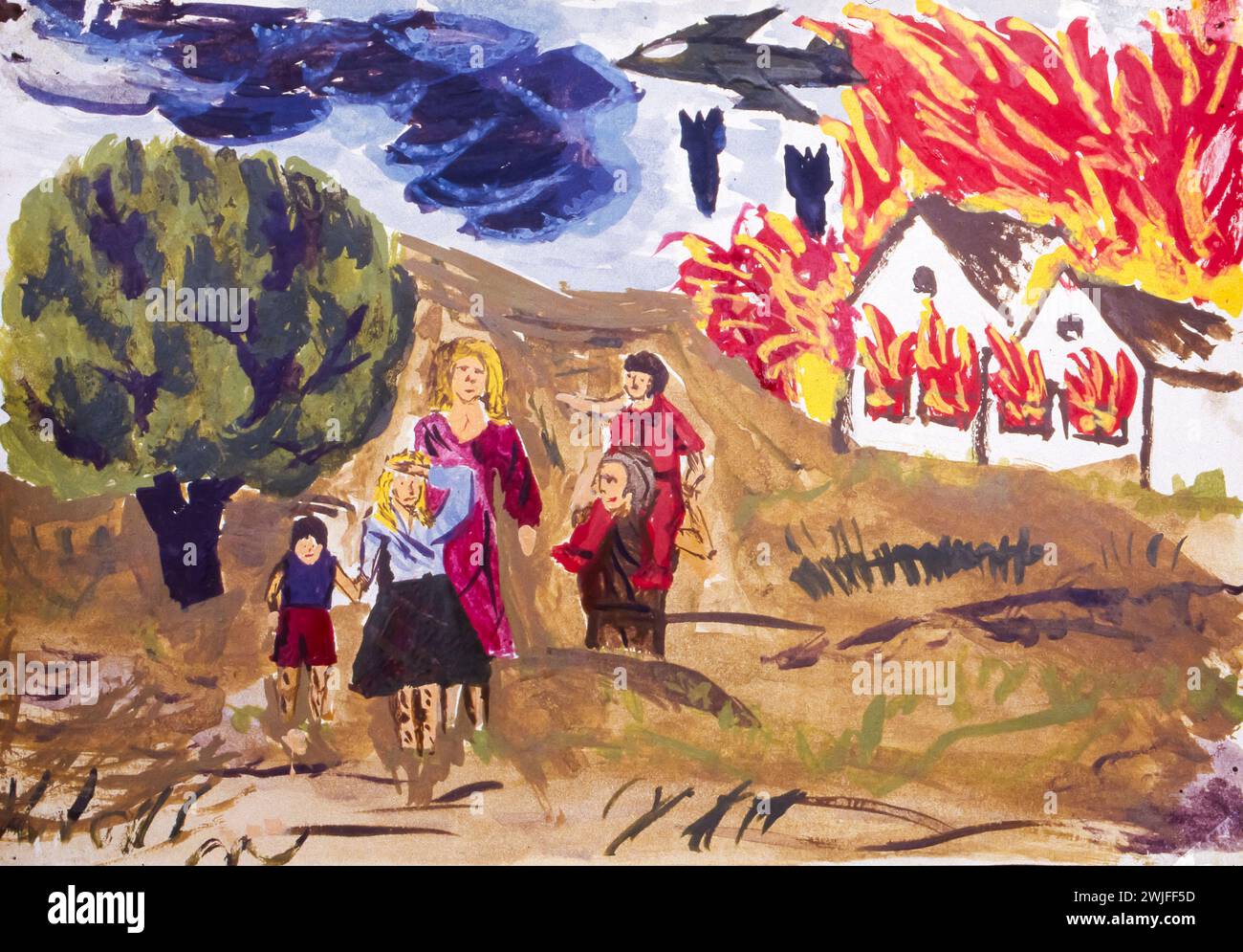 Rumänien, Bukarest, bei der Flüchtlingshilfe ARCA haben Kinder aus Afghanistan, Iran, Somalia, Irak und Kongo Zeichnungen von ihrem Flug angefertigt. Stockfoto