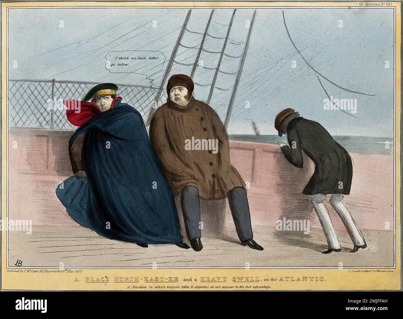 Lord Durham, Generalgouverneur der britischen Provinzen in Nordamerika, sitzt neben E. Ellice auf einem Schiff, als Turton über die Seite erbricht. Farbige Lithographie von H.B. (John Doyle), 1838. Die raue Reise von Kanada nach England spielt auf die harte Behandlung an, die Durham für seine katastrophale Behandlung kanadischer Angelegenheiten im Parlament gegeben hat Stockfoto