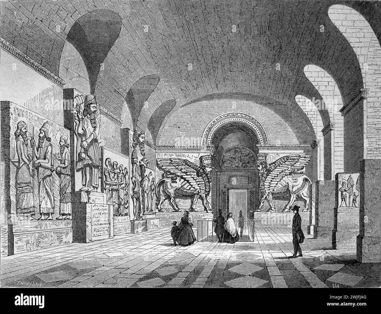 Assyrische Galerie mit Assyrischen Antiquitäten, Assyrische Skulptur und Reliefstatuen des Srone im Louvre Paris. Vintage oder historische Gravur oder Illustration 1863 Stockfoto