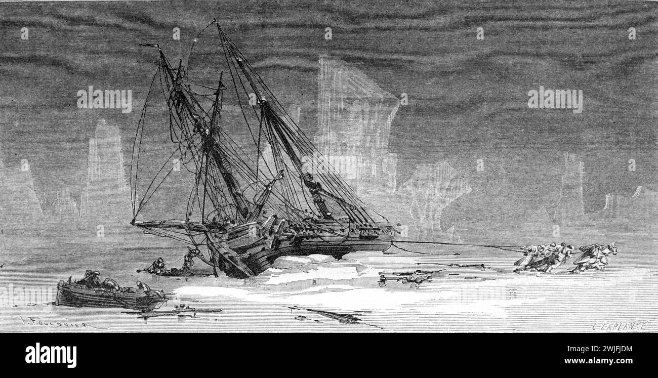 Das Schiffswrack von Yermak Schooner wurde in den Eisschollen von Arctice blockiert. Schooner Yermak, Ermak oder Errmack unter dem Kommando von Leutnant Krusenstern oder Kruzenshtern während der Erkundung des arktischen Kara-Meeres vor der sibirischen Küste. Vintage oder historische Gravur oder Illustration 1863 Stockfoto