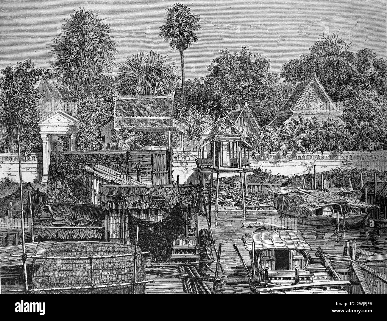 Holzboote, geschnittene Baumstämme, schwimmendes Dorf und Thai-Tempel entlang des Ayutthaya-Kanals Thailand. Vintage oder historische Gravur oder Illustration 1863 Stockfoto