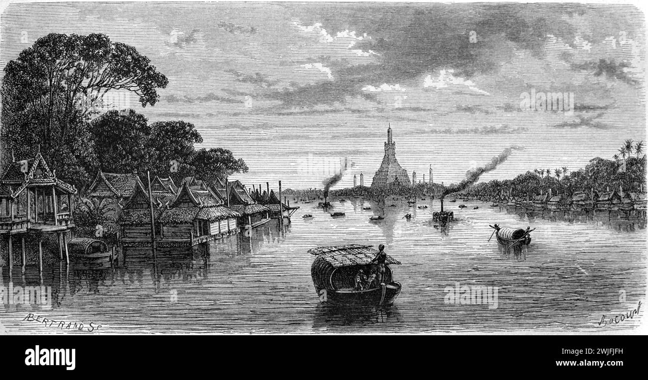 Frühe Bangkok Sykline, Riverside Bambushütten und Dörfer entlang des Chao Phraya Flusses Bangkok Thailand. Vintage oder historische Gravur oder Illustration 1863 Stockfoto