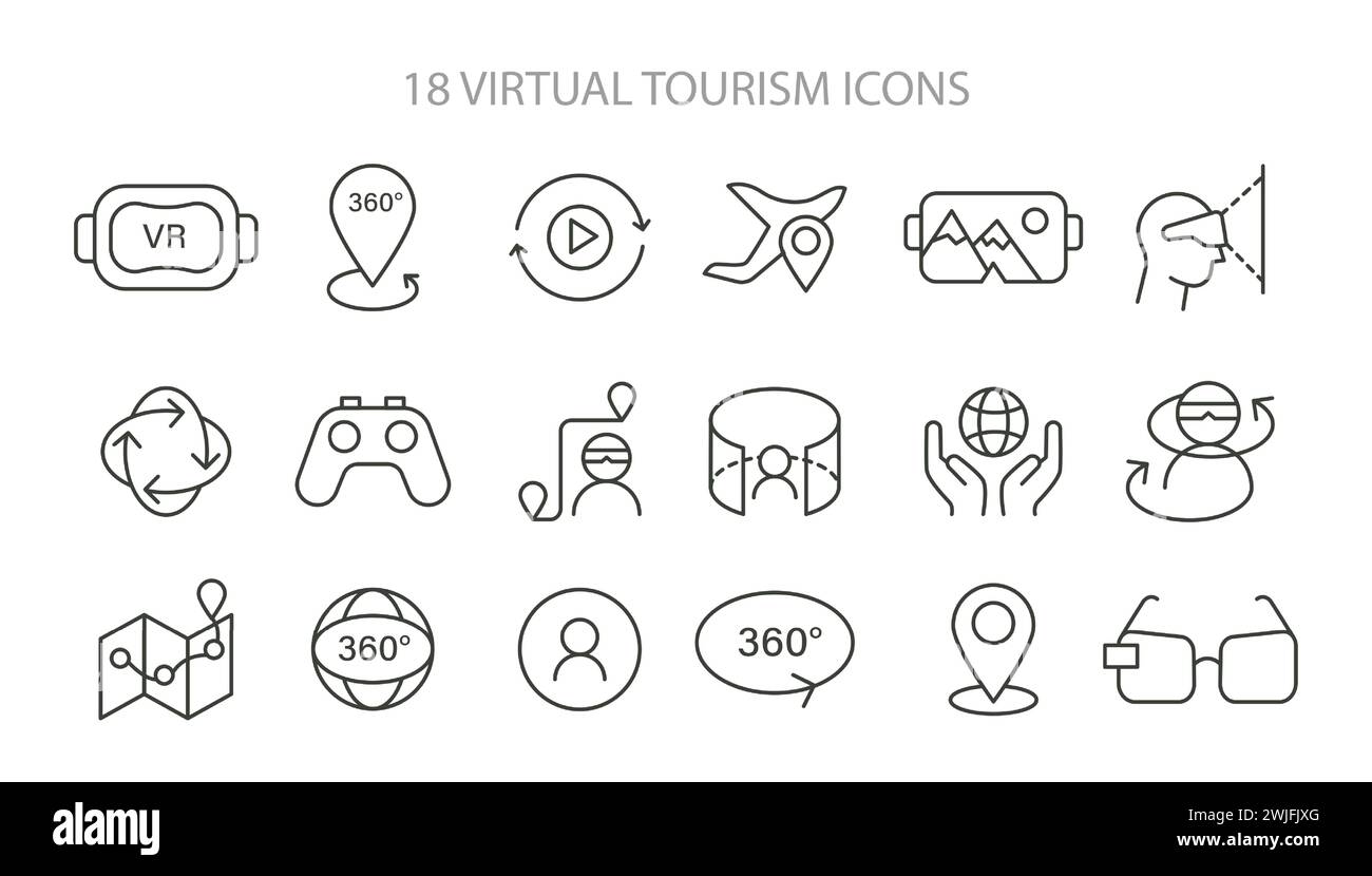 Umfassende Auswahl an Symbolen für den virtuellen Tourismus, die das Wesen von VR, 360-Grad-Ansichten und Navigation bei der digitalen Erkundung erfassen. Vektorabbildung. Stock Vektor