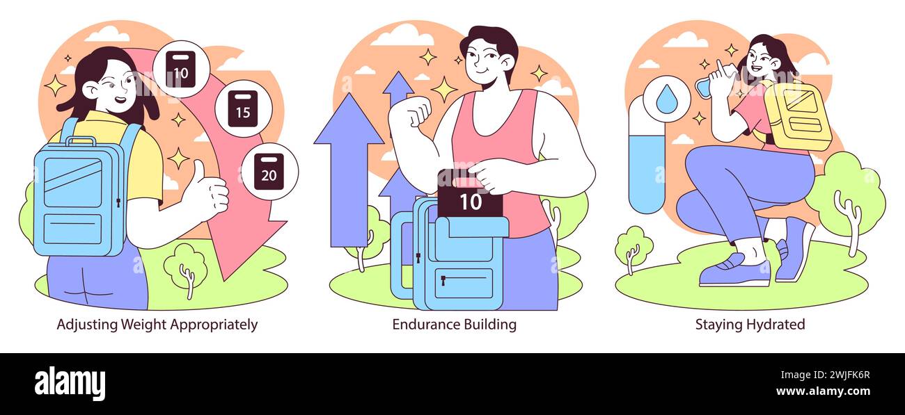 Ruckset. Strategische Gewichtsanpassung, Ausdauer und Hydratationstechniken für Rucksackbegeisterte. Grundlagen des gewichteten Gehens. Illustration des flachen Vektors. Stock Vektor