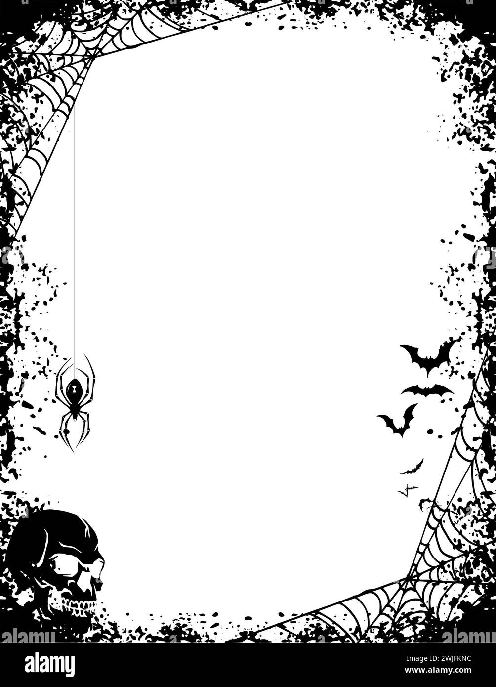 Halloween Schädel Fledermaus Spinnennetz weißer Hintergrund schwarz-weiße Linie mit flacher 2D-Illustration Stockfoto