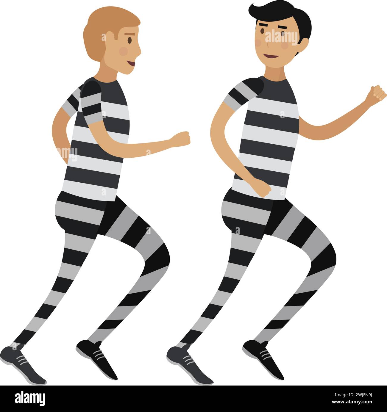 Zwei Gefangene in gestreifter Kleidung, die von Gefängnisvektorsymbol isoliert auf weißem Hintergrund fliehen Stock Vektor
