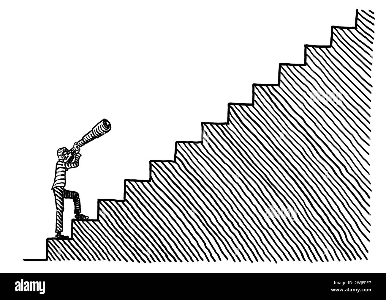 Freihändige Zeichnung eines Geschäftsmannes, der unten auf einer Treppe steht und durch ein Teleskop hinaufblickt. Metapher für Vision, Scharfsinn, Zielsetzung, Stockfoto
