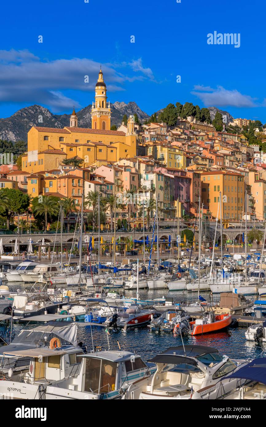 Wunderschönes Menton an der französischen Riviera - Côte d'Azur, Frankreich. Farbenfrohe Häuser erheben sich auf dem Hügel vom alten Hafen von Menton. Stockfoto