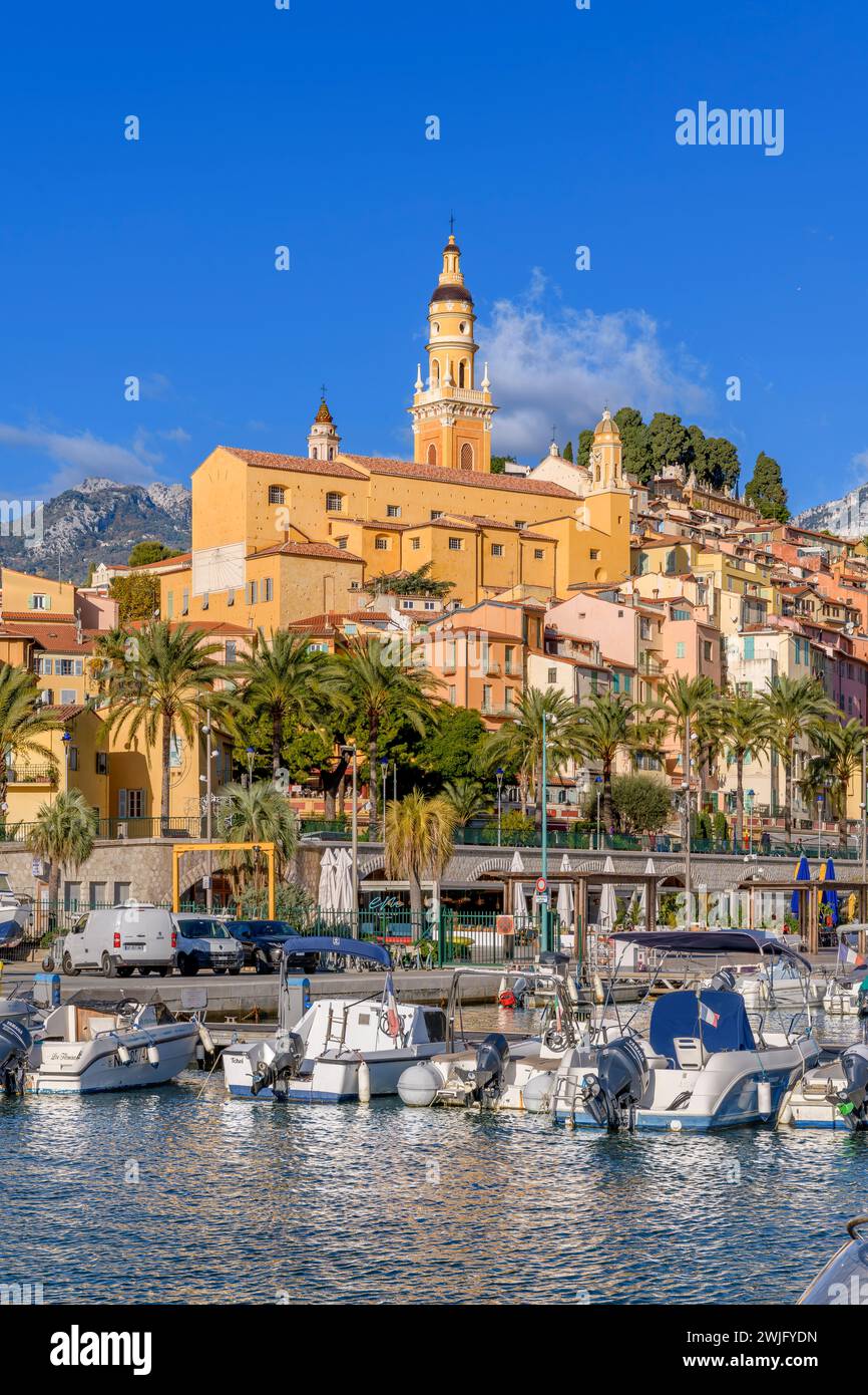 Wunderschönes Menton an der französischen Riviera - Côte d'Azur, Frankreich. Farbenfrohe Häuser erheben sich auf dem Hügel vom alten Hafen von Menton. Stockfoto