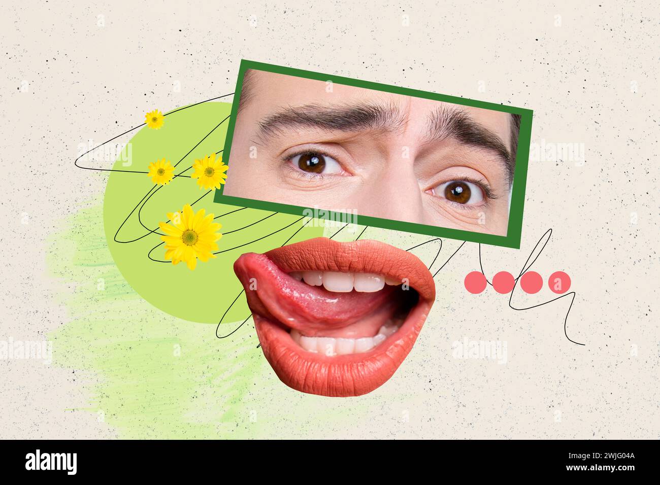 Kreative Composite-Foto-Collage von beschnittenen, staunenden Männeraugen, die auf großen Mund starren und Zähne lecken, isoliert auf gemaltem Hintergrund Stockfoto