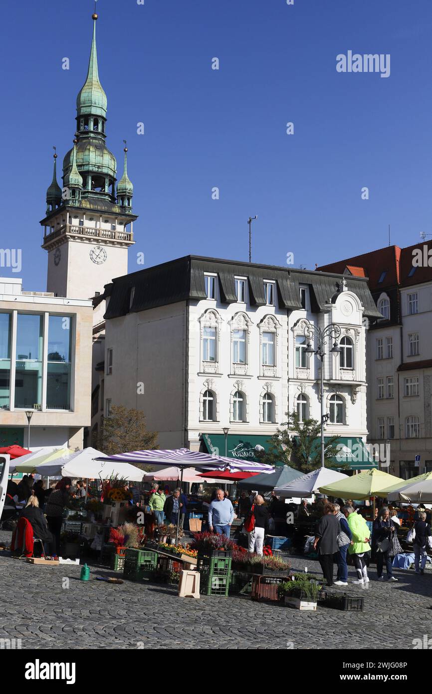 Menschen, die Gemüse auf einem traditionellen europäischen Markt kaufen. Zelny TRH in Brünn, Tschechien Stockfoto