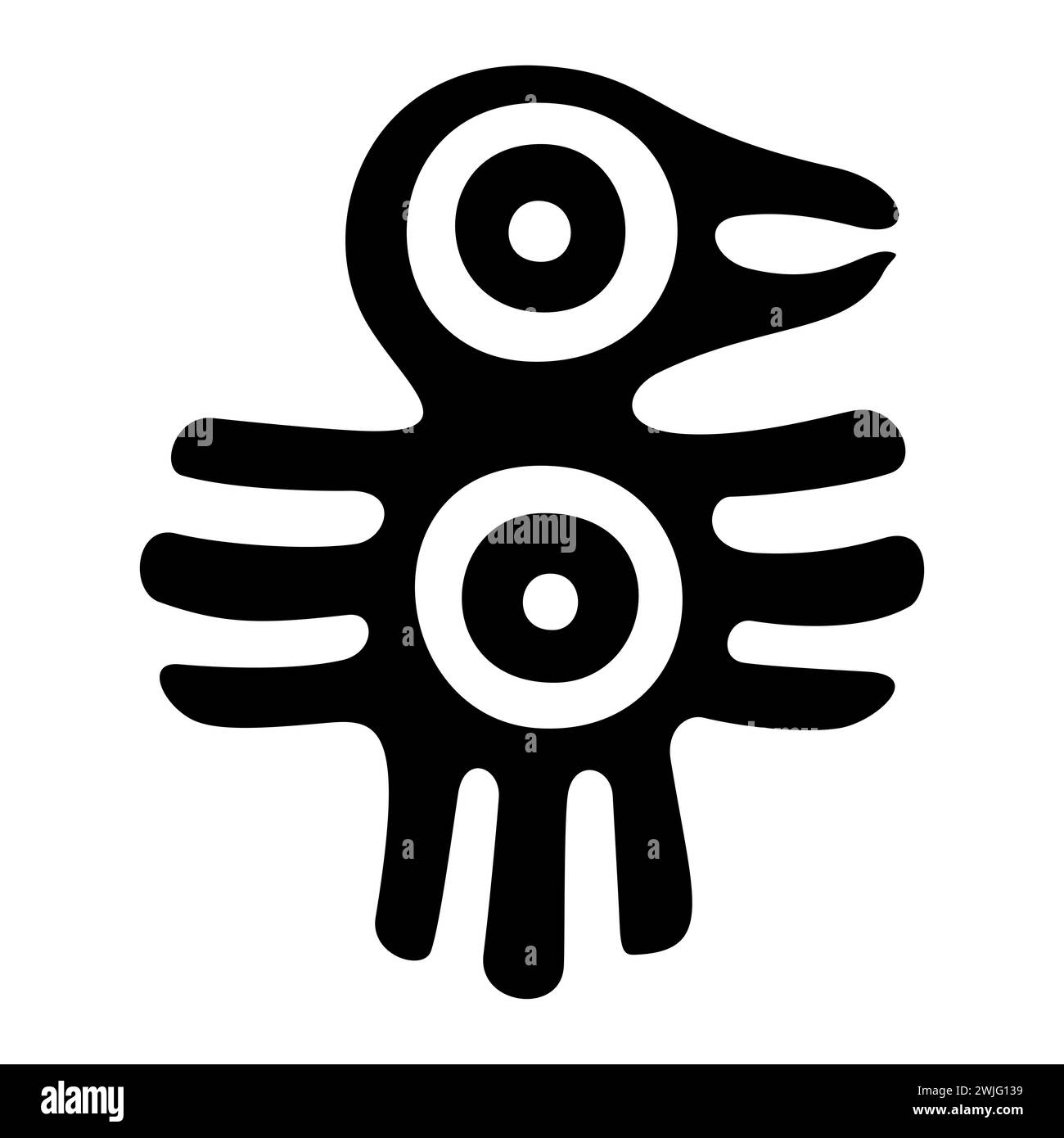 Fantastisches Vogelsymbol des alten Mexiko. Dekoratives aztekisches Flachstempelmotiv, das einen Vogel zeigt, wie er im präkolumbianischen Tenochtitlan gefunden wurde. Stockfoto