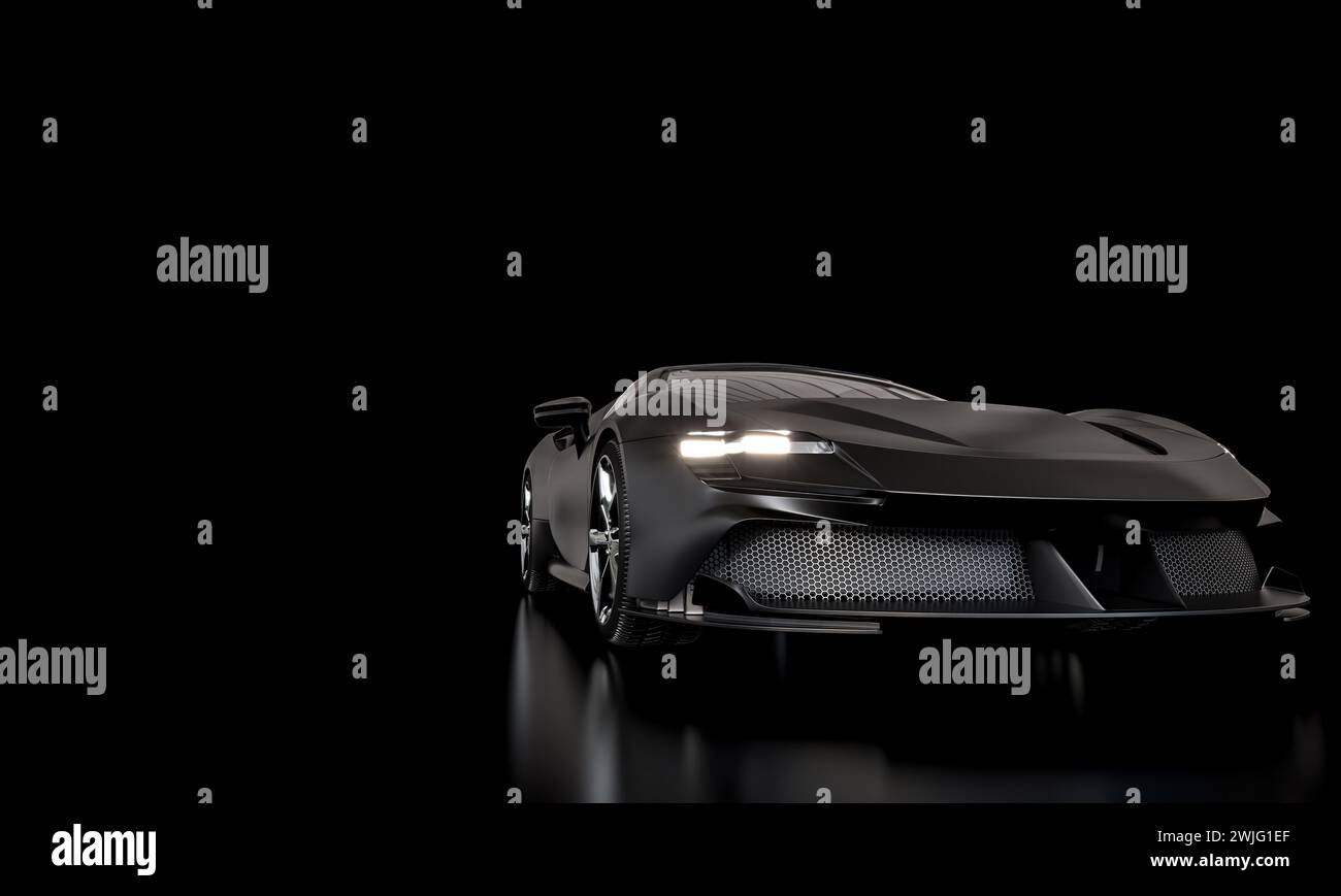 Schwarzer Sportwagen auf dunklem Hintergrund. Copyspace. 3D-Rendering-Abbildung Stockfoto