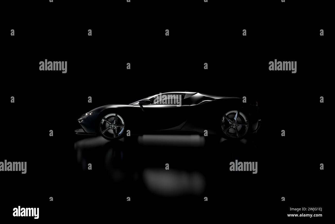 Seitenansicht eines schwarzen Supersportwagens auf dunklem Hintergrund. Niemand.3d-Rendering-Illustration Stockfoto