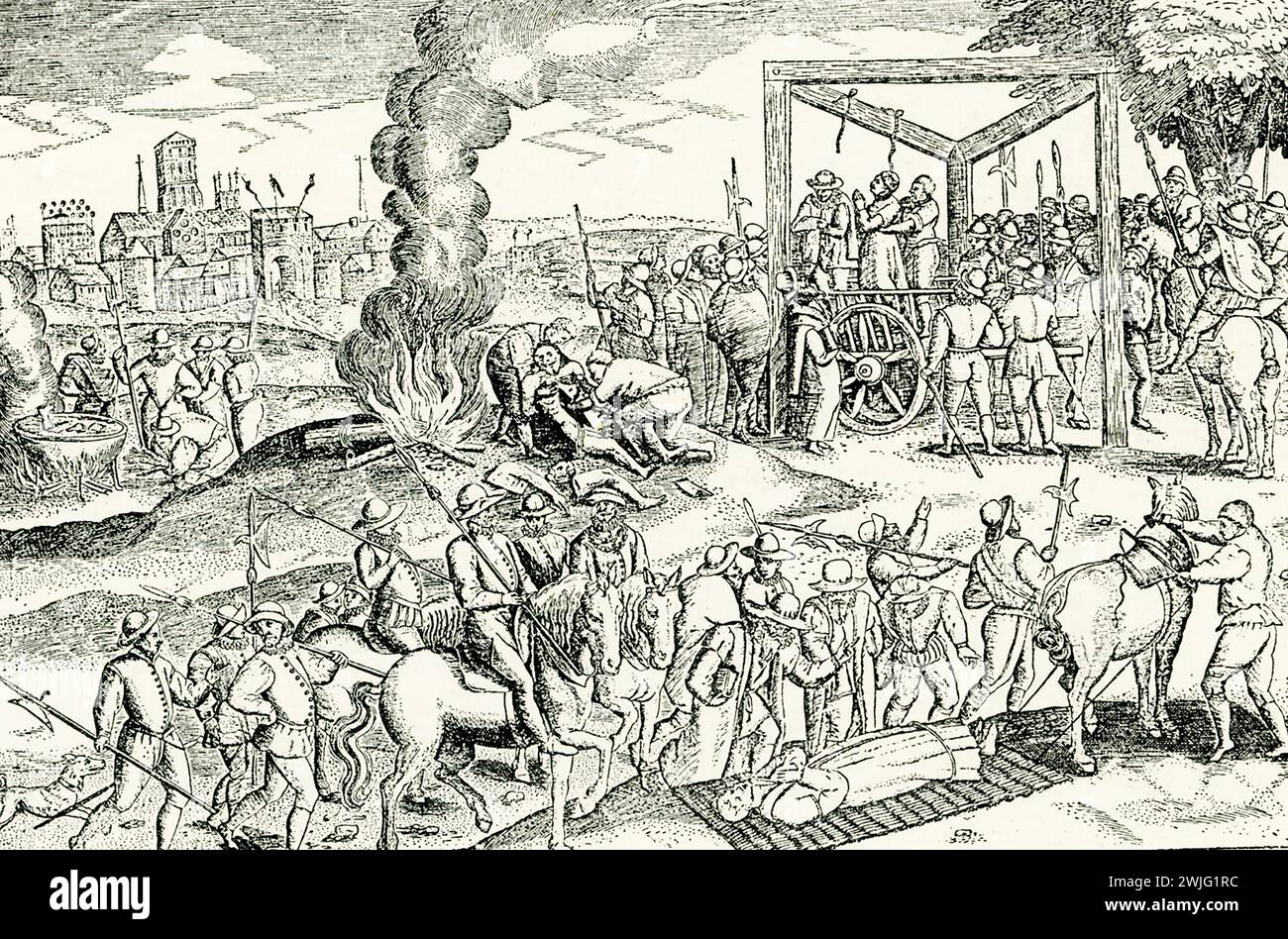 Dieses Bild zeigt die Hinrichtung von Reformern in England zur Zeit Mariens der Katholischen (1516–1587). Die Gravur ist anonym, stammt aber aus dem Zeitraum. Maria war die einzige Tochter Heinrichs VIII. Und seiner ersten Frau, Katharina von Aragon. Stockfoto