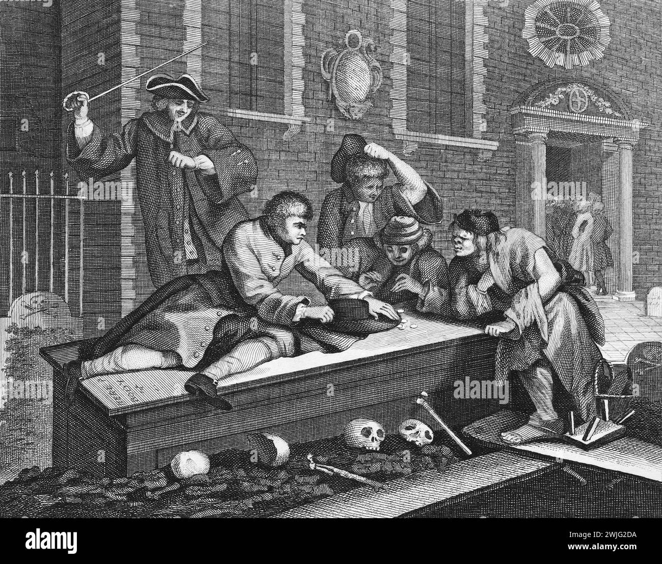Schwarz-weiß-Illustration: „Der Aprentice beim Spiel im Kirchhof während des Gottesdienstes“. Stich nach William Hogarth (1697–1764) aus seiner Serie „Industrie und Müßiggang“. Hogarths frühere Serie gemalter Werke, „The Harlot's Progress“ und „Marriage à-la-Mode“, die später als Stiche veröffentlicht wurden, „Industry and Müßiggang“ wurde von Anfang an graviert. Hogarths Ziel in dieser Serie war es, die möglichen Belohnungen für harte Arbeit und die Fallstricke, dies nicht zu tun, zu veranschaulichen, eine Botschaft, die sich hauptsächlich an arbeitende Kinder richtete. Diese Reproduktion stammt von Thomas Cook, 1806. Stockfoto