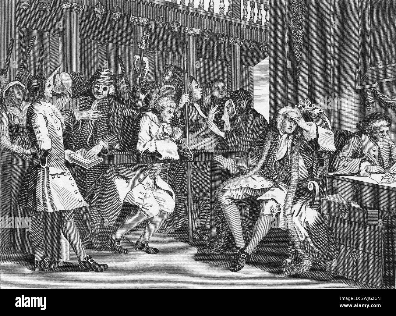 Black-White-Illustration: „Der fleißige „Prentice Alderman of London; der Idle One brachte ihn vor und wurde von seinem Komplizen angeklagt.“ Stich nach William Hogarth (1697–1764) aus seiner Serie „Industrie und Müßiggang“. Hogarths frühere Serie gemalter Werke, „The Harlot's Progress“ und „Marriage à-la-Mode“, die später als Stiche veröffentlicht wurden, „Industry and Müßiggang“ wurde von Anfang an graviert. Hogarths Ziel in dieser Serie war es, die möglichen Belohnungen für harte Arbeit und die Fallstricke, dies nicht zu tun, zu veranschaulichen, eine Botschaft, die sich hauptsächlich an arbeitende Kinder richtete. Stockfoto