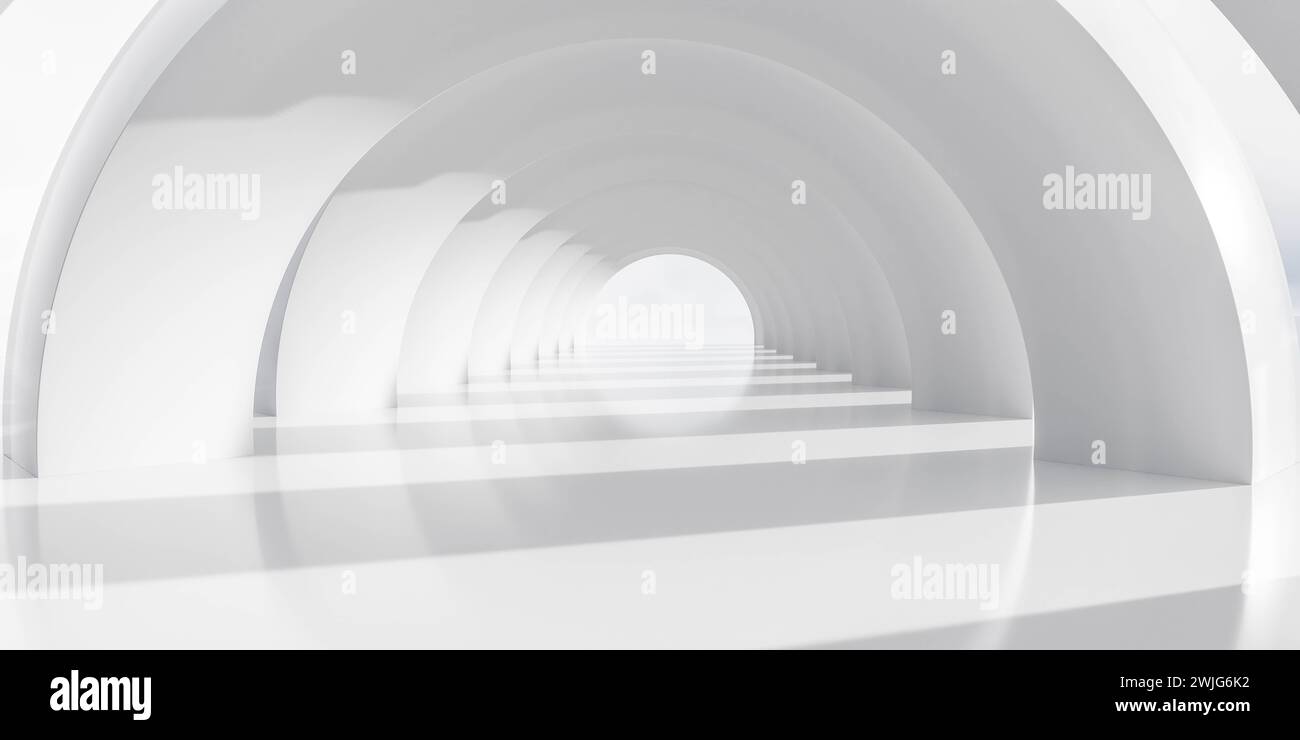 Ein weißer Tunnel mit weißen Wänden und einer 3D-Darstellung des weißen Bodens Stockfoto
