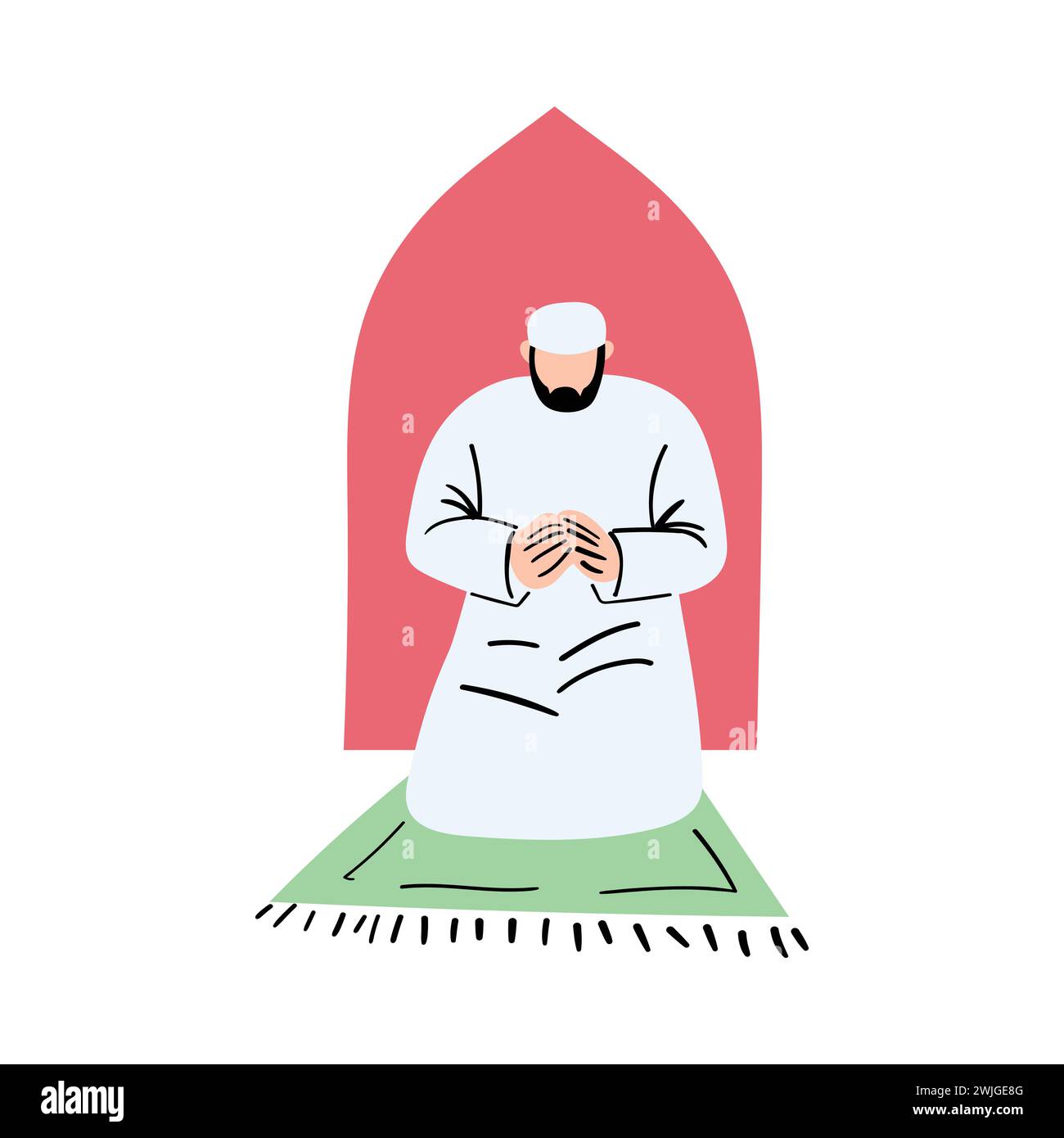 Muslimischer Mann betet. Gebete in der Gemeinde. Muslimischer Mann betet in weißer Kleidung, isolierte Zeichentrick-flache Vektor-Illustration. Stock Vektor