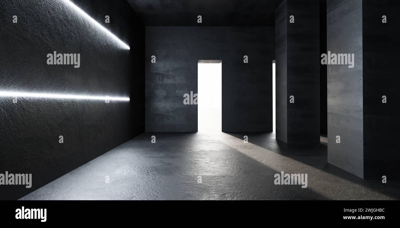 Ein leerer Betonraum mit Licht, das durch die Tür kommt 3D-Darstellung Stockfoto