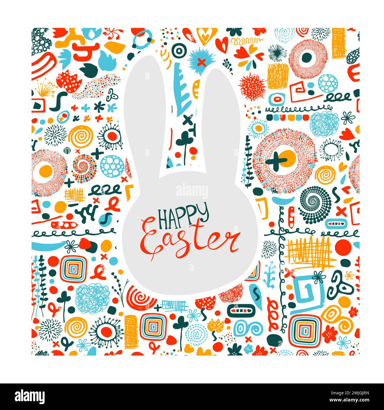 Osterkarte mit Häschen. Postkarte Happy Easter. Handzeichnung. Nicht AI. Vektorabbildung Stock Vektor