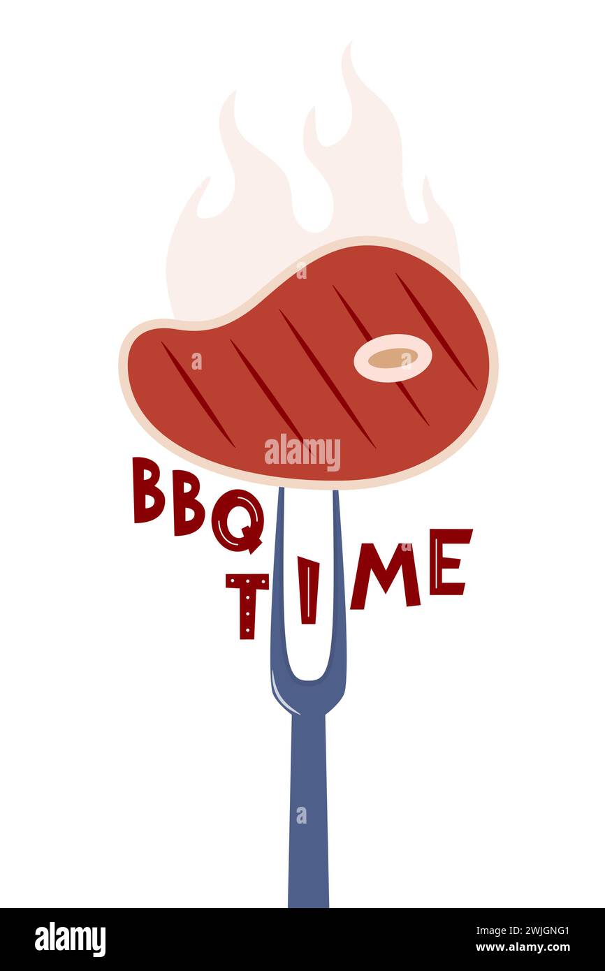 Fleisch auf Gabel, BBQ Time Schriftzug. Rindfleisch-Logo. Barbecue-Logo. Restaurantmenü. Landingpage für Grillparty, Banner, Flyer. Vektorabbildung Stock Vektor