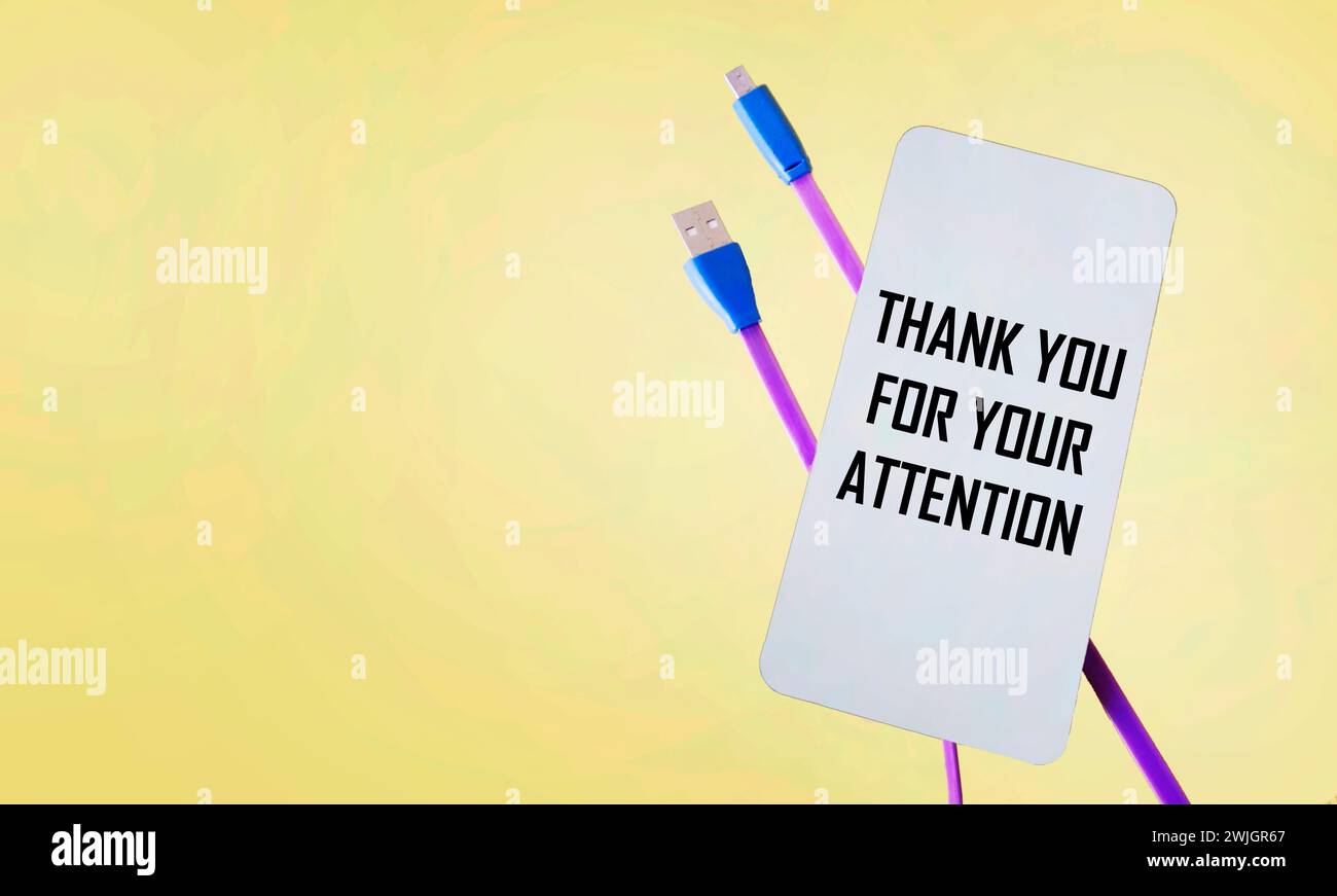 Symbol für Aufmerksamkeit. Karte mit den Worten Danke für Ihre Aufmerksamkeit. Schöner gelber Hintergrund. Und vielen Dank für Ihre Aufmerksamkeit. Kopie sp Stockfoto