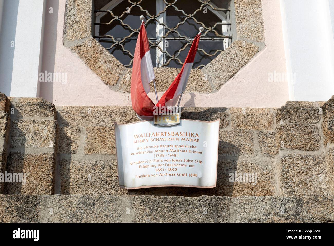 Informationstafel, Wallfahrtskirche Sieben Marienschmerz Auf Dem Pöstlingberg In Linz, Oberösterreich Stockfoto