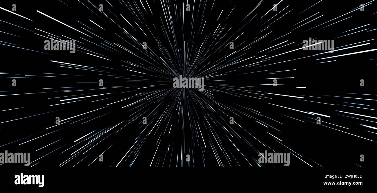 Sternverformung. Hyperspace-Sprung, Spuren von sich bewegenden Sternen Licht und interstellare Hochgeschwindigkeitsreisen Stockfoto