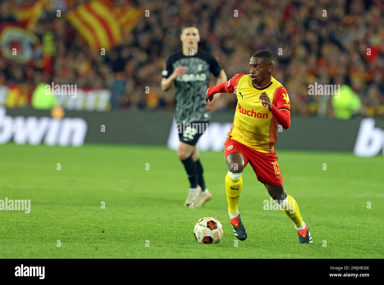 Frankreich. Februar 2024. © PHOTOPQR/VOIX DU NORD/MATTHIEU BOTTE; 15/02/2024; 15/02/2024. Linse. Fußball. Lens Fribourg Europa League Konferenz. David pereira da costa. FOTO MATTHIEU BOTTE LA VOIX DU NORD *** lokaler Bildtitel *** Credit: MAXPPP/Alamy Live News Stockfoto