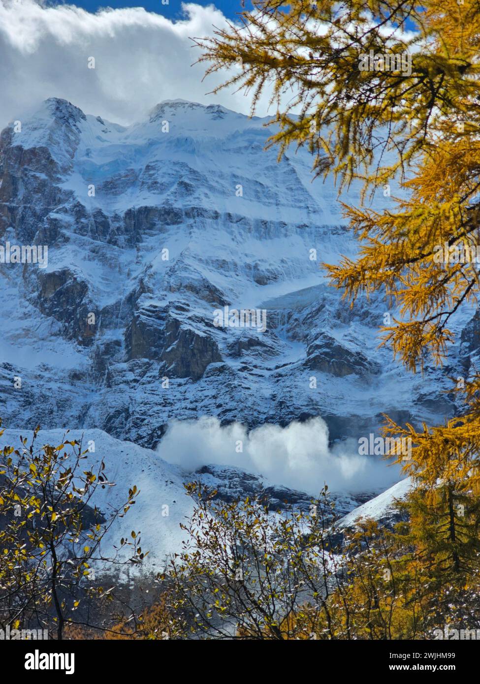 Ein hoch aufragender, schneebedeckter Berg erhebt sich majestätisch neben einer bewaldeten Landschaft Stockfoto