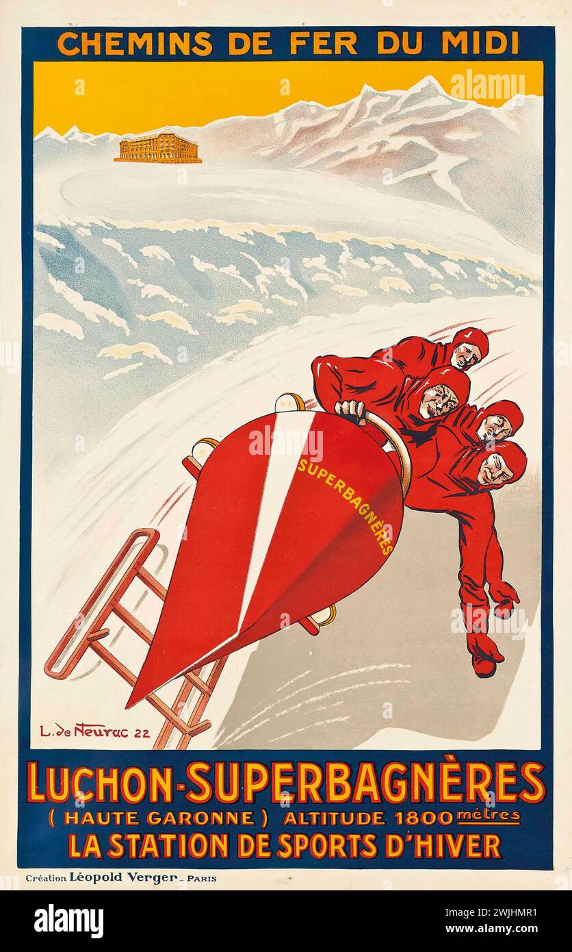 Vintage-Reiseposter. Bahnwerbung mit der Winterstation Luchon-Superbagnères (Haute-Garonne). Abbildung eines Bobteams, das die Spur einschlägt. Frankreich 1920er Jahre Stockfoto