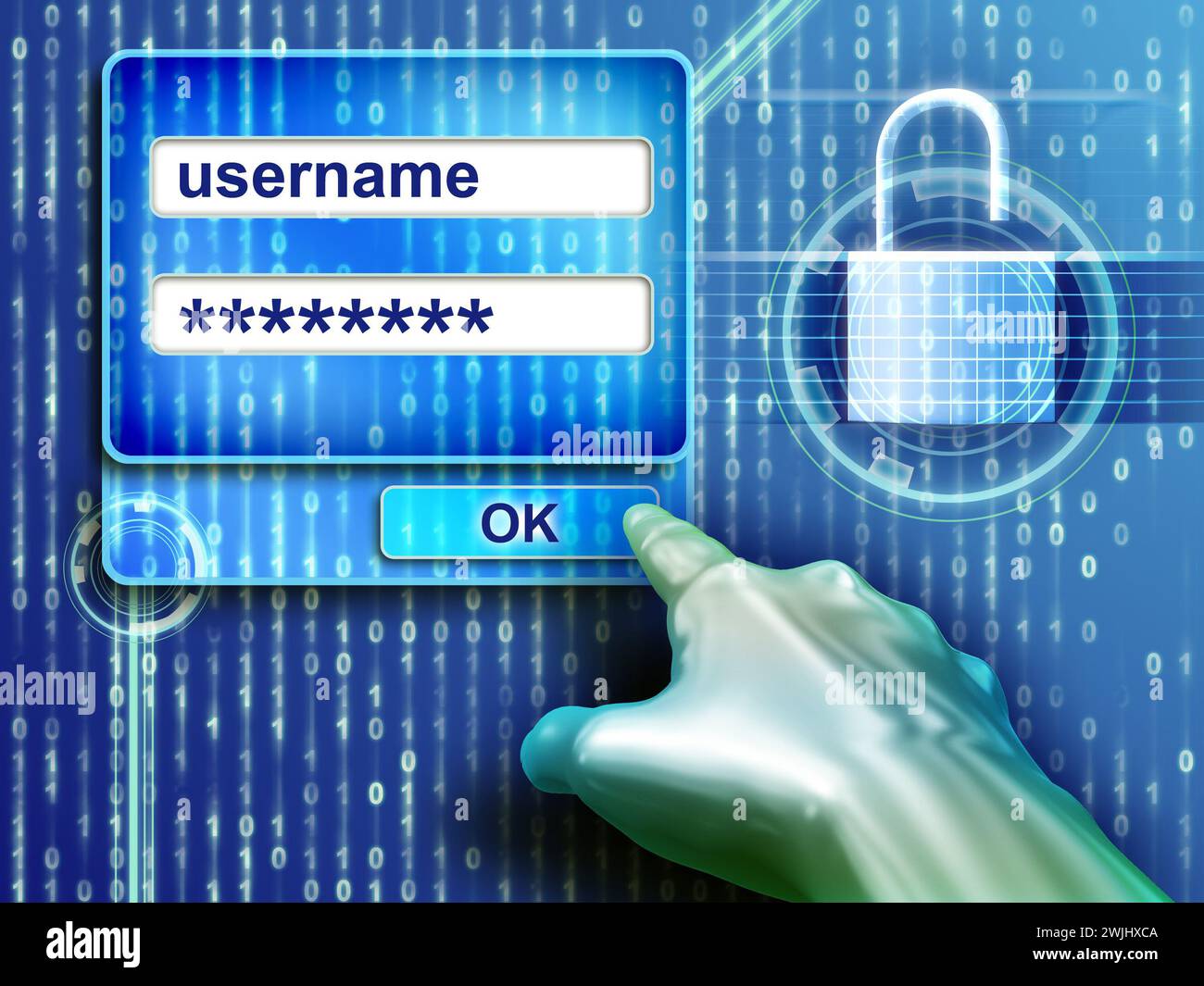 Kybernetische Hand zum Einfügen von Benutzername und Kennwort. Digitale Illustration. Stockfoto