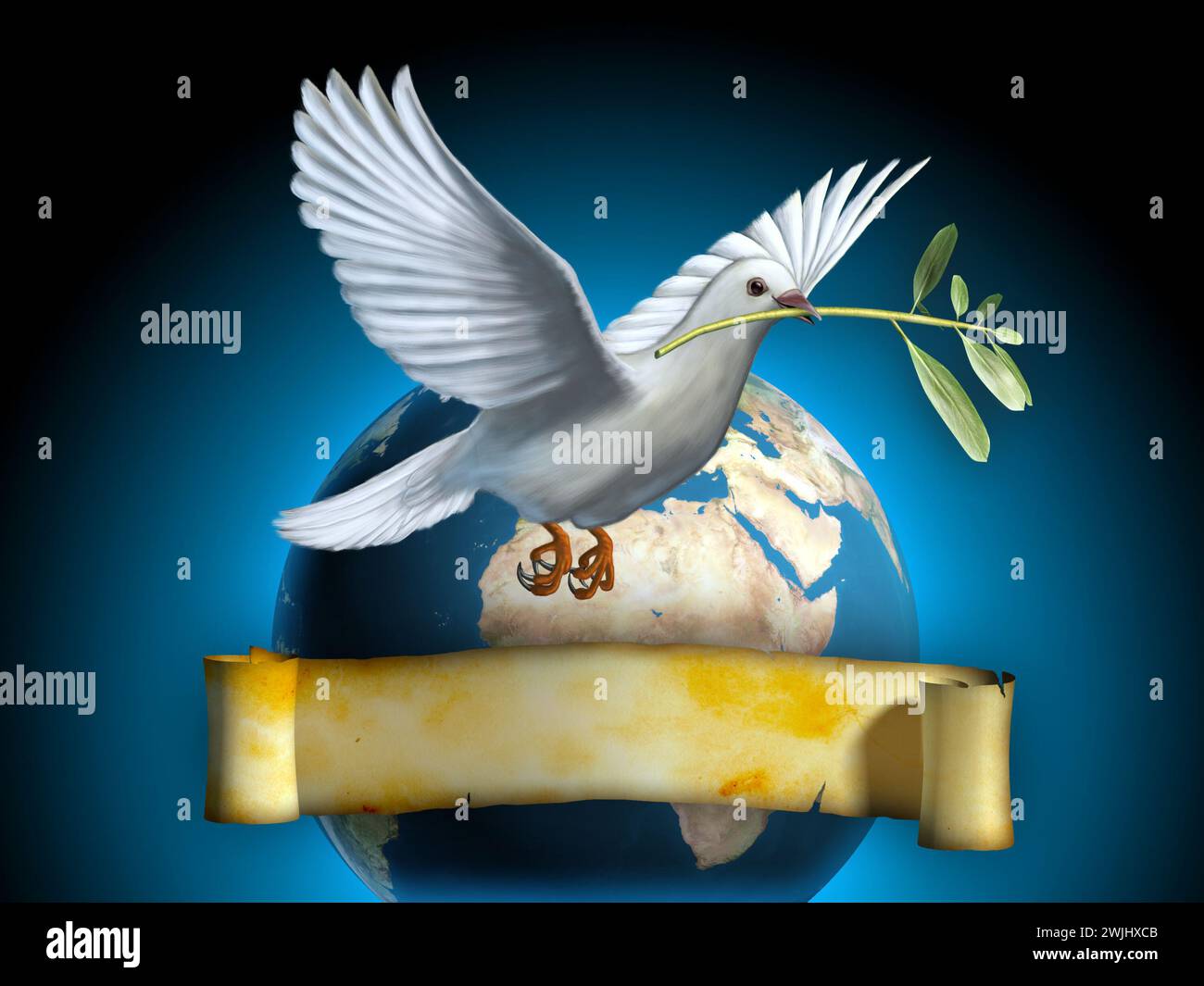 Weiße Taube mit einem Olivenzweig als Friedenssymbol. Die Erde und ein altes Banner auf dem Hintergrund. Copyspace auf Banner, um Ihren eigenen Text einzufügen. Digital Stockfoto