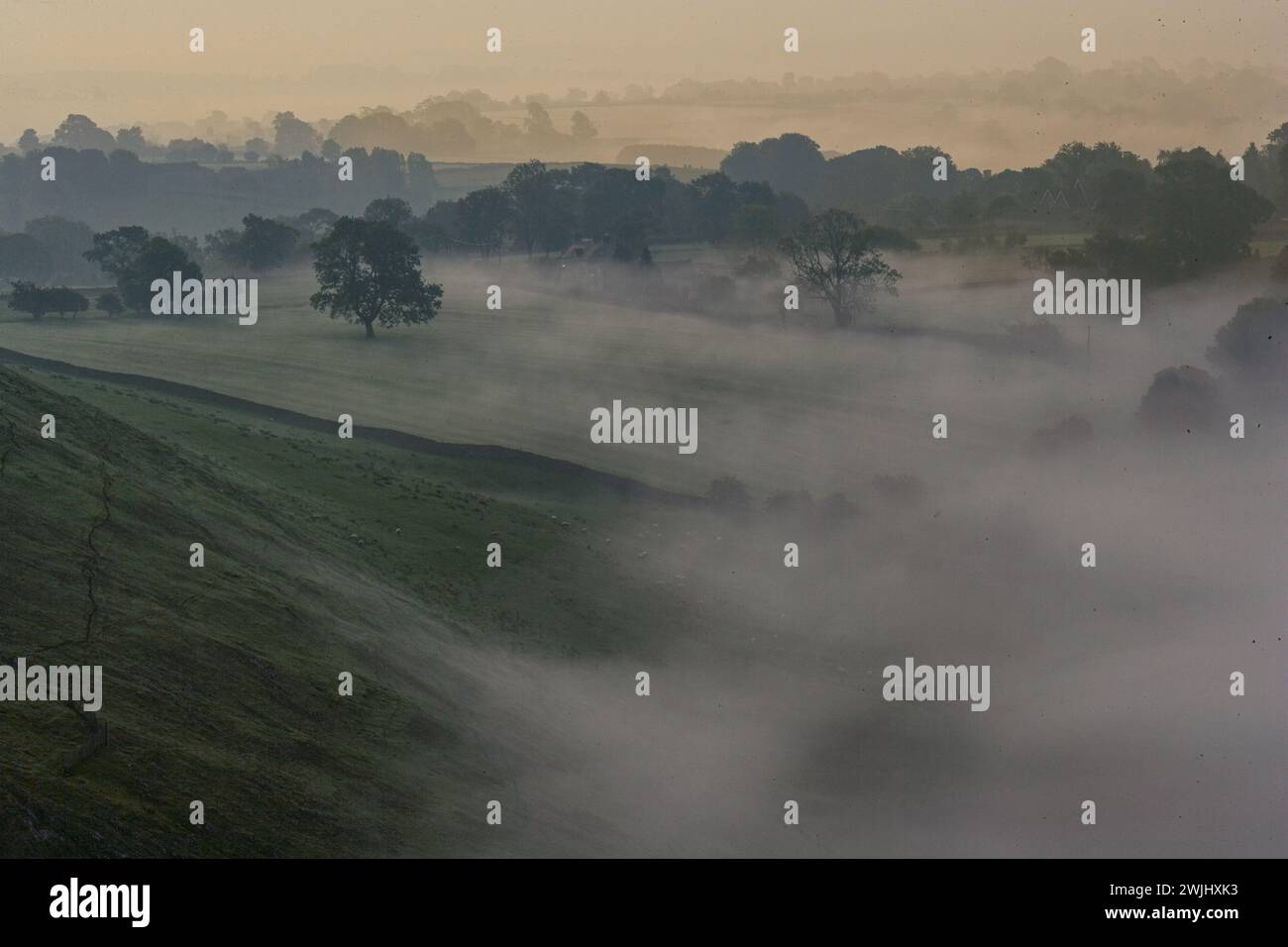 Morgennebel von Dovedale, Thorpe Cloud, in Dovedale, Derbyshire. Stockfoto