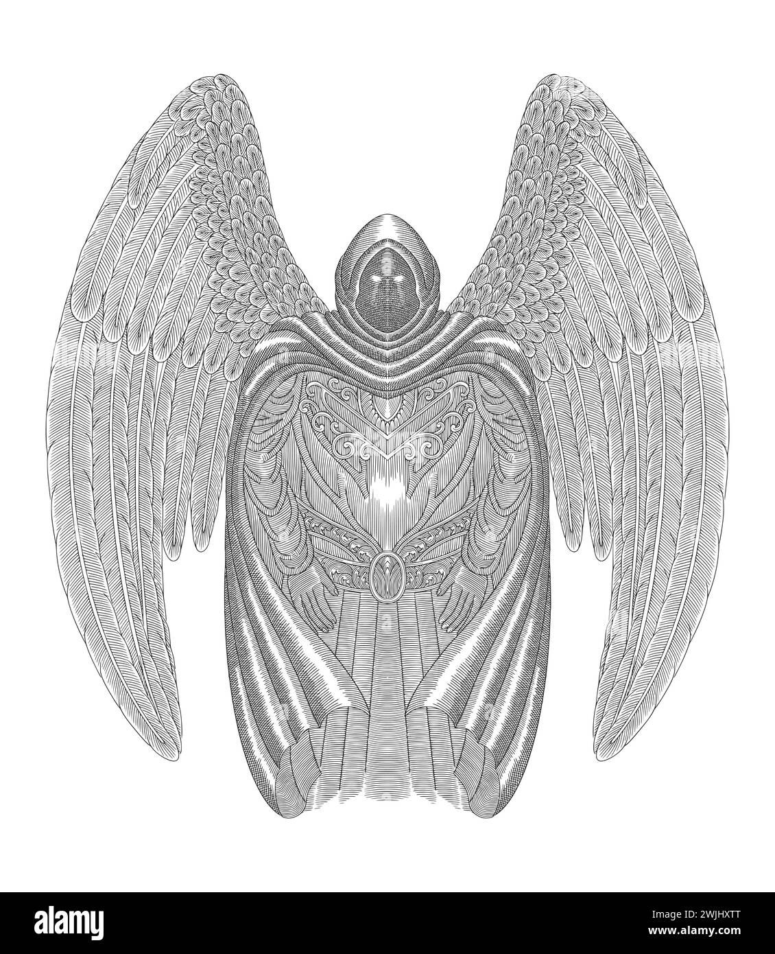 Dunkler Engel mit großen Flügeln, Vintage Gravur Zeichnung Stil Illustration Stock Vektor