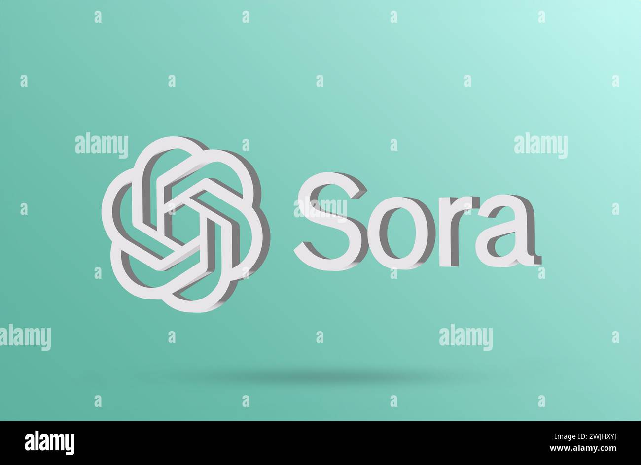 Sora-Logo auf grünem Hintergrund. Sora ist die revolutionäre KI von OpenAI für die Videogenerierung aus Text Stockfoto