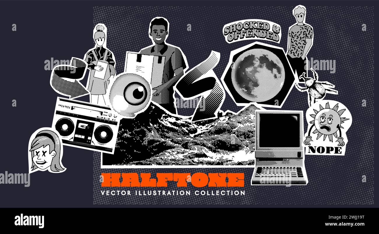 Gruppe von zufälligen Objekten, die im Halbton-Grunge-Asset-Collection enthalten sind. Vektor-Pop-Art. Stock Vektor