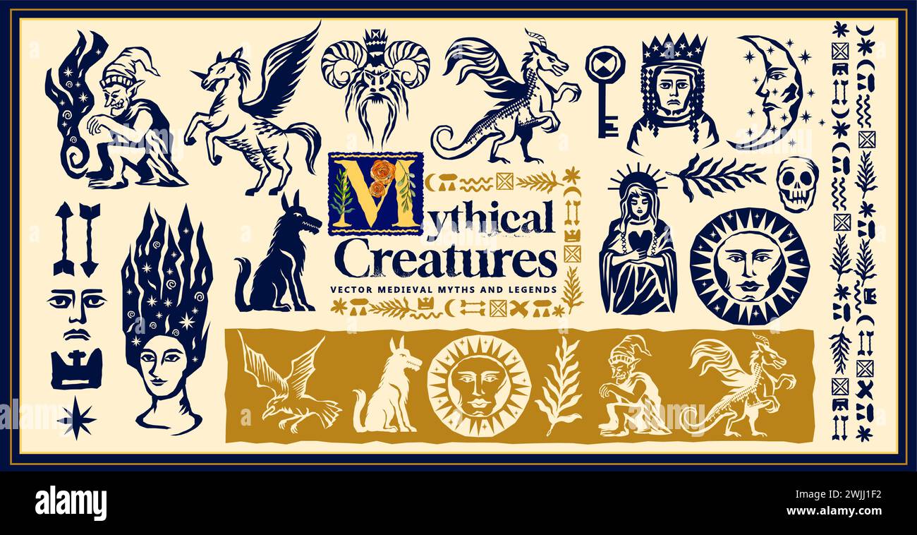 Eine Sammlung mittelalterlicher, im Linolschnitt eingravierter mythischer Kreaturen und Legenden. Vektorabbildung Stock Vektor