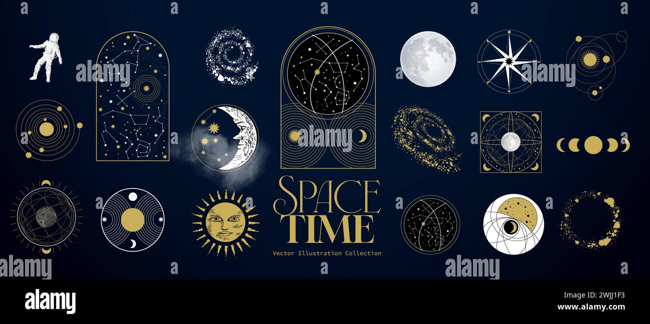 Eine Sammlung von Astrologie und Astronomie spirituellen Sternzeichen und Objekten im Raum. Vektorabbildung Stock Vektor