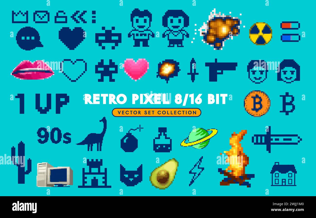 Eine Sammlung von 8/16 Bit Retro 90 Pixelzeichen, Buchstaben und Symbolen. Stock Vektor
